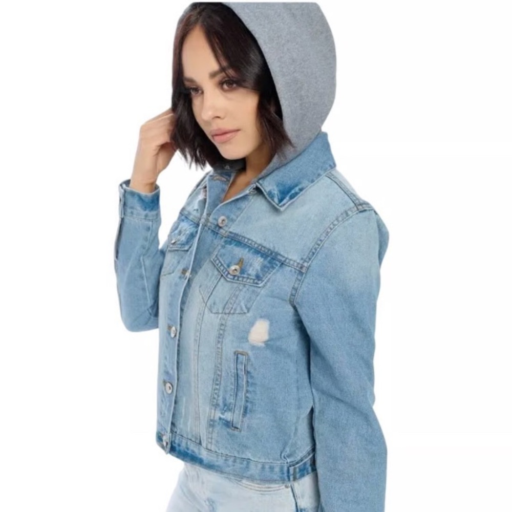 Ci Sono Blue Denim Distressed Jean Jacket Removeable Gray Hood Large Women’s